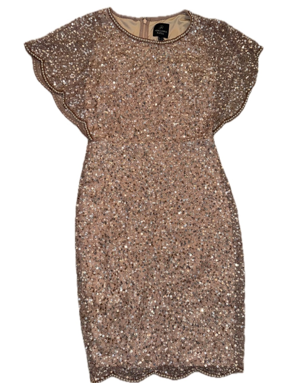 Adrianna Papell Rose Gold Sequin Midi Dress with Scalloped Cap Sleeves